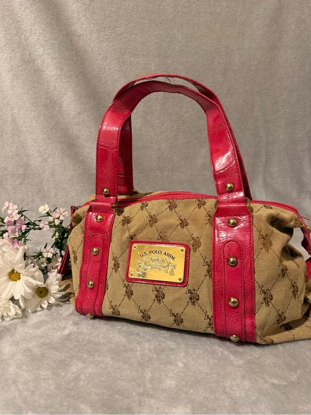 Beige and Pink Logo Plaque polo assn Bag